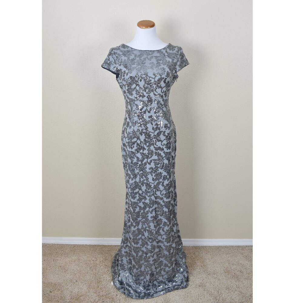 Calvin Klein Silver Sequin Cap Sleeve Backless Long Formal Dress 6 - Picture 1 of 10